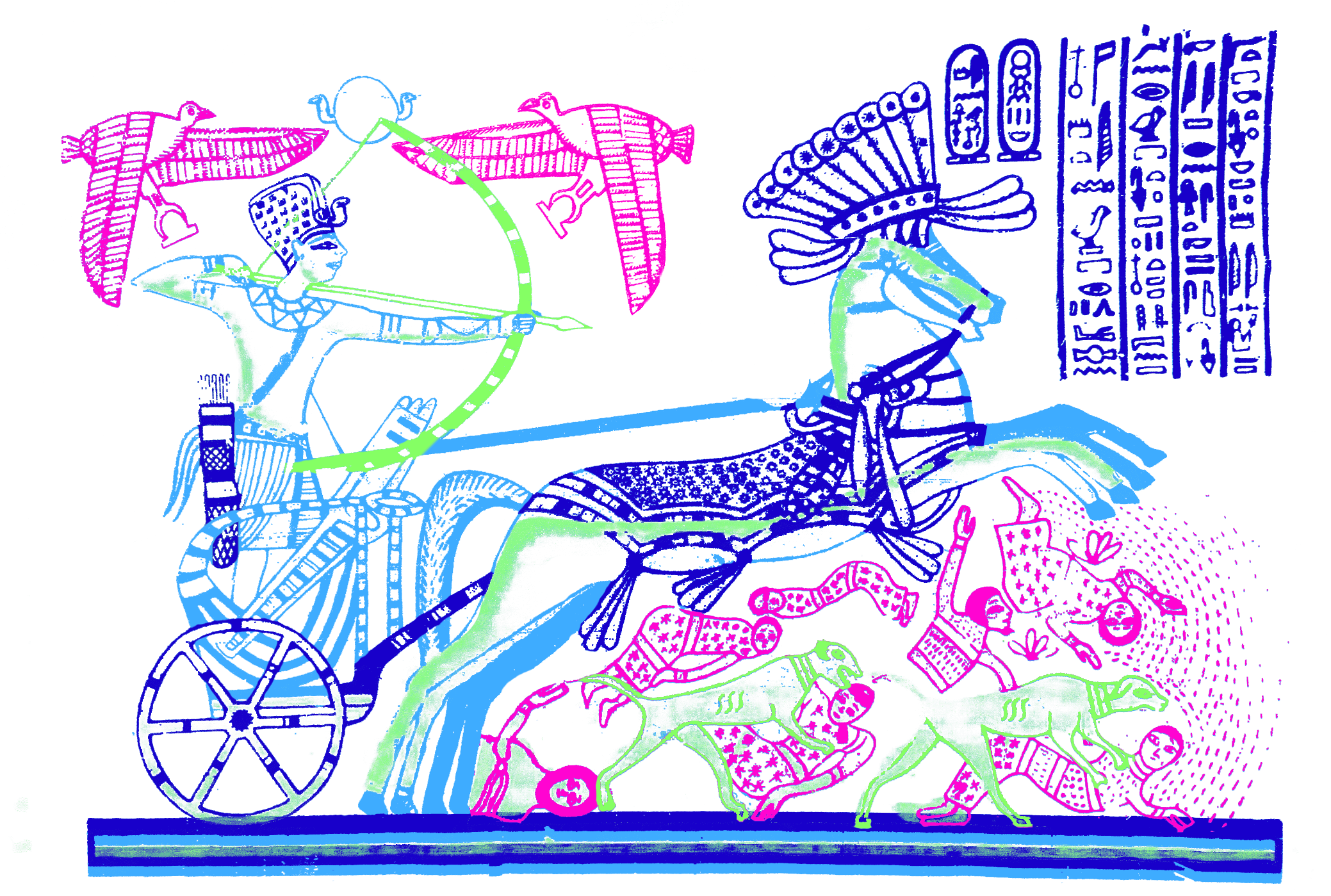 Illustration from the Book of the Dead. Egyptian in chariot racing forward as others are devoured.